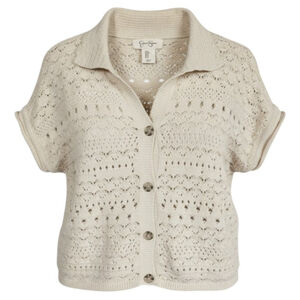Jessica Simpson Boho Crochet Short Sleeve Cardigan Small Cottagecore Cream EUC